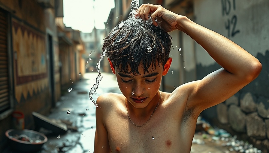 Young person cooling off in extreme heat on urban street, climate change impact.