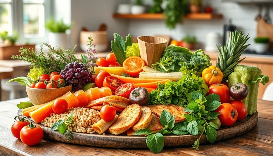 Colorful Mediterranean diet foods on rustic table for IBS relief.