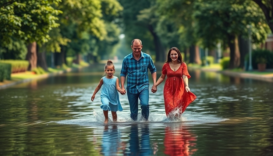 Family wading through floodwaters, symbolizing impact of federal budget cuts on hurricane preparedness.