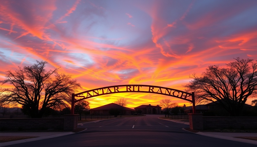 Santa Rita Ranch entrance at sunset with homes in background.