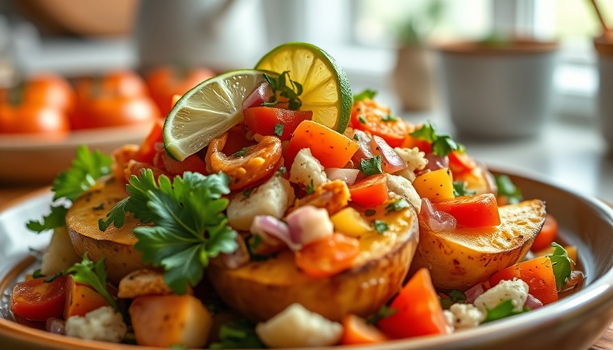 Colorful plant-based loaded potato with mixed veggies and lime.