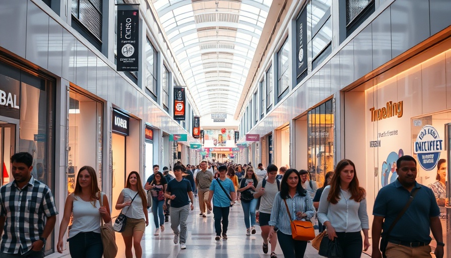 Modern shopping mall corridor with people, age verification for app stores concept.