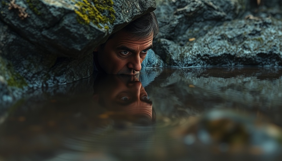 Contemplative reflection of a man in a puddle next to stones, shadow work for men's mental health.