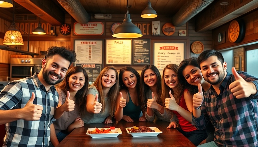 Smiling group in a barbecue restaurant for Lockhart barbecue documentary.