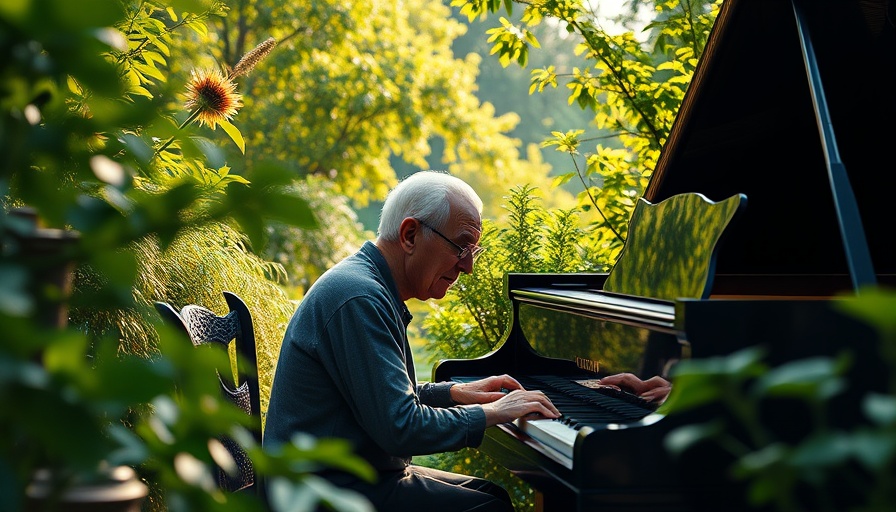 Elderly musician in garden playing piano at an end-of-life concert.