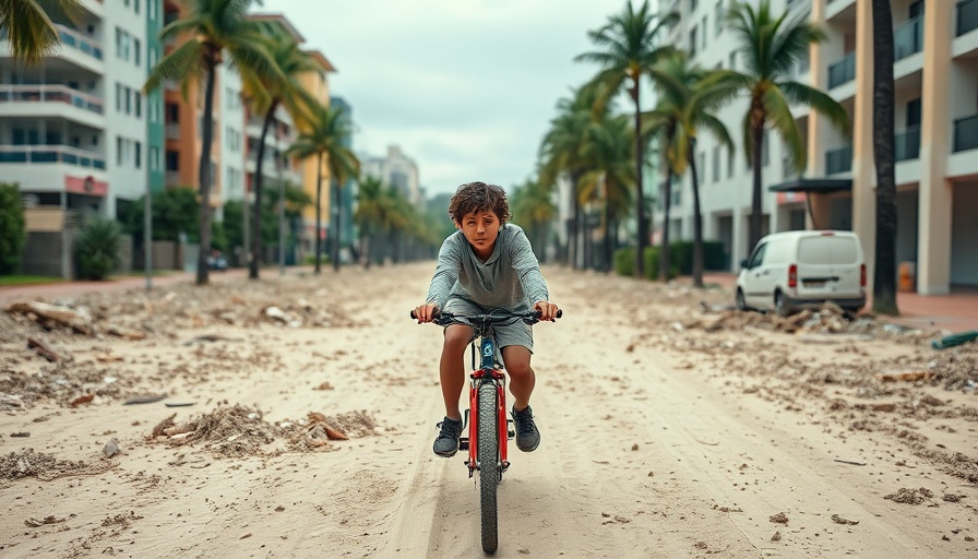 Hurricane season rebuilding communities: young cyclist on sandy road.