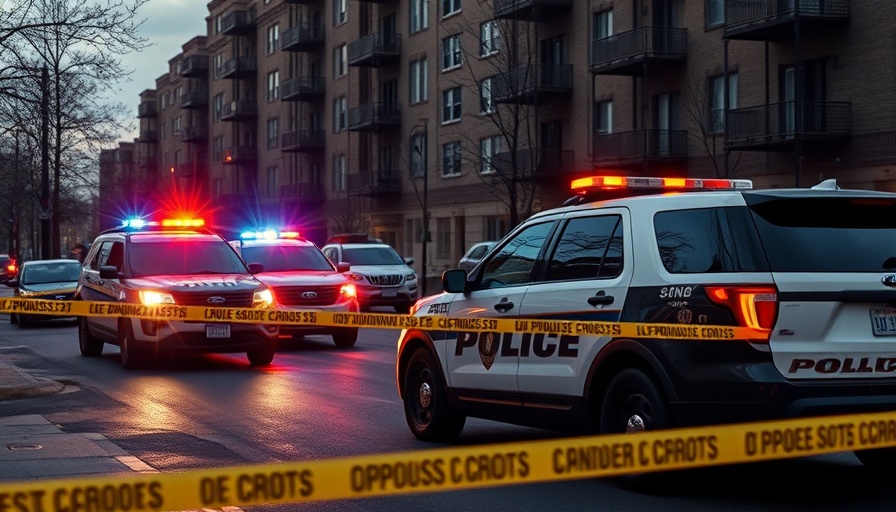 Police responding to breaking US news crime scene with tape and vehicles.