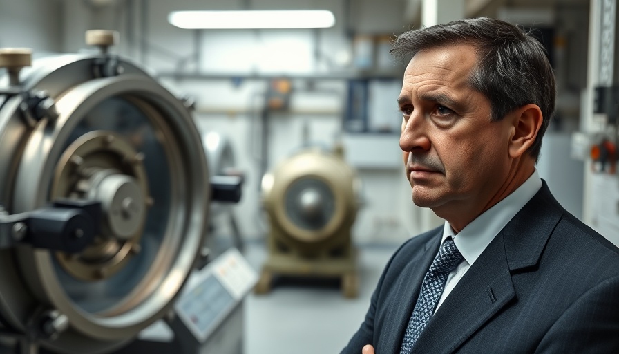 Politician and Iran uranium centrifuge scene with serious expression