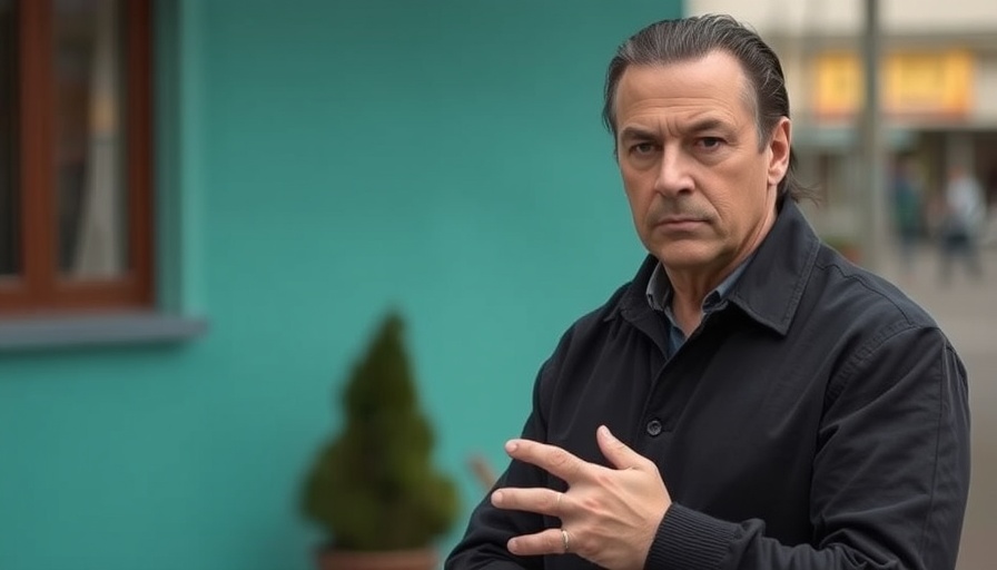 Serious man with tied-back hair and clasped hands near teal wall.