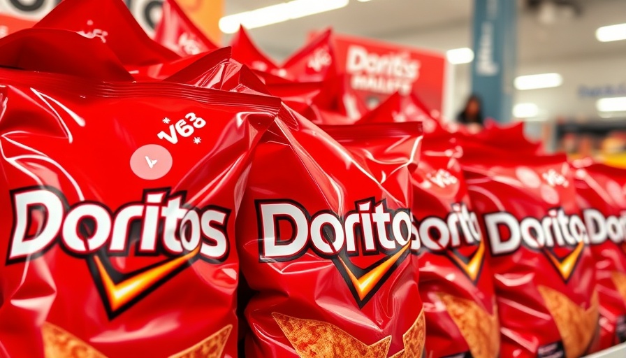 Close-up of Doritos bags with warning labels, store display.