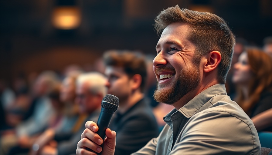 Speaker at ATX TV Festival 2025 panel discussion, smiling with microphone.