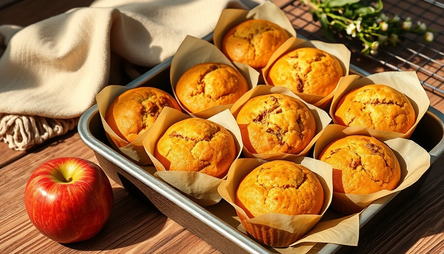 Rustic tray of morning glory muffins on wood surface with apple.