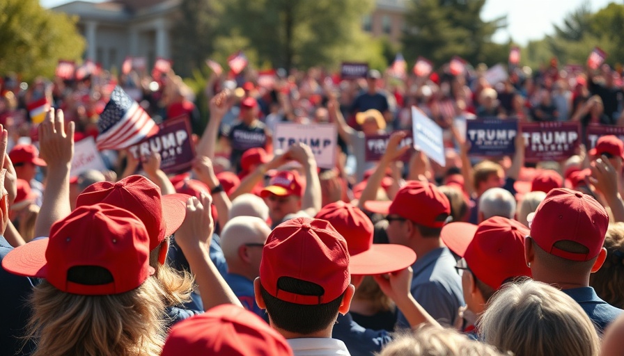 Supporters in red hats at a vibrant outdoor rally, enthusiastic atmosphere.