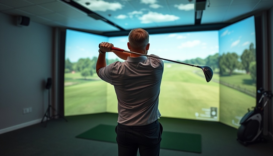 Person swinging in a golf simulator session indoors.