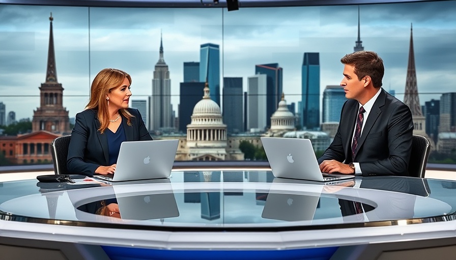 News anchors on set discussing 'Trump impeachment inquiry' with laptops and U.S. backdrop.