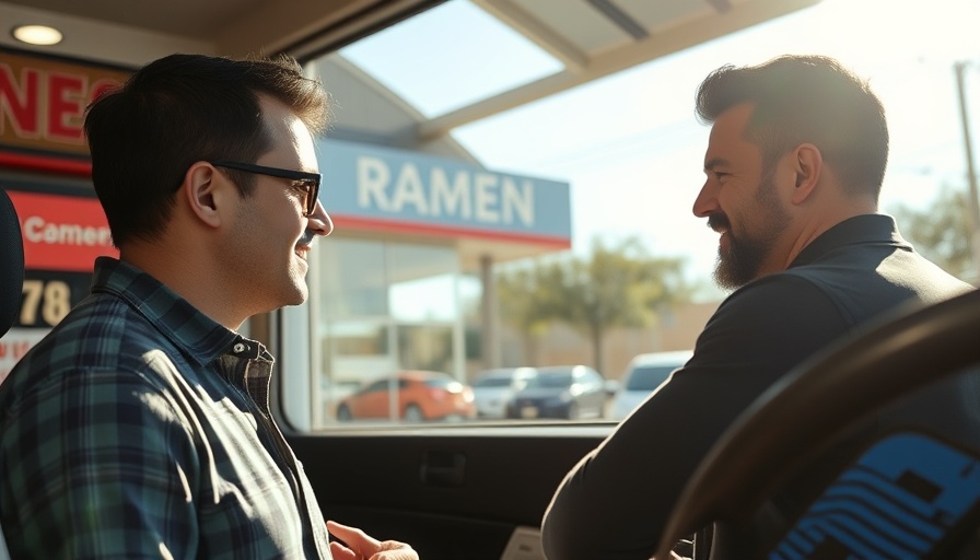 Two men at Austin ramen restaurant drive-thru window.