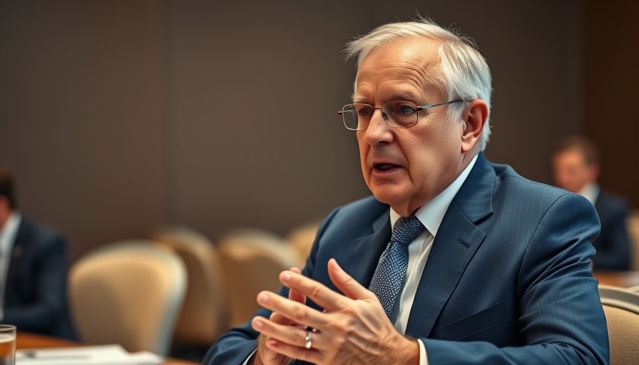 Elderly man speaking at a conference in a blue suit.