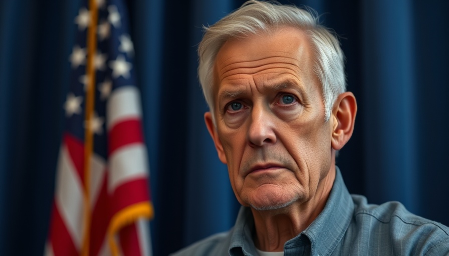 Contemplative older man framed against a backdrop of the US flag.