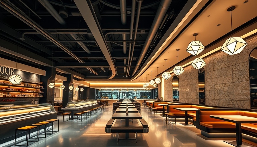 Futuristic conveyor belt sushi restaurant with geometric lighting