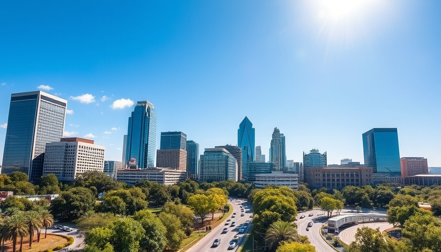 Skyline of Austin TX with modern buildings and greenery.