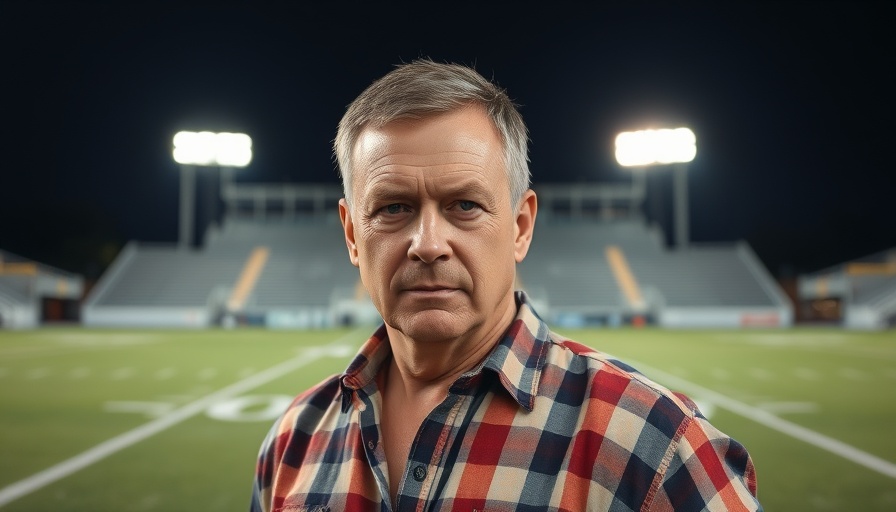 Middle-aged man on football field, contemplating return, cinematic photo.