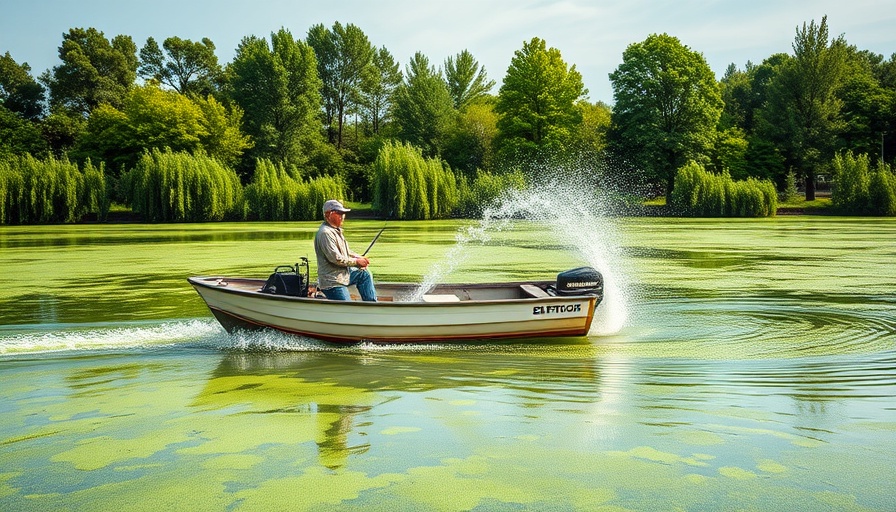 Algae treatment on a lake with lush green trees and scientists working.