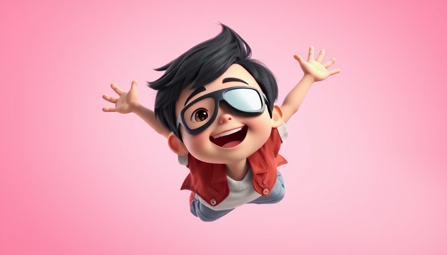Animated boy flying joyfully, Pixar style, pink background.