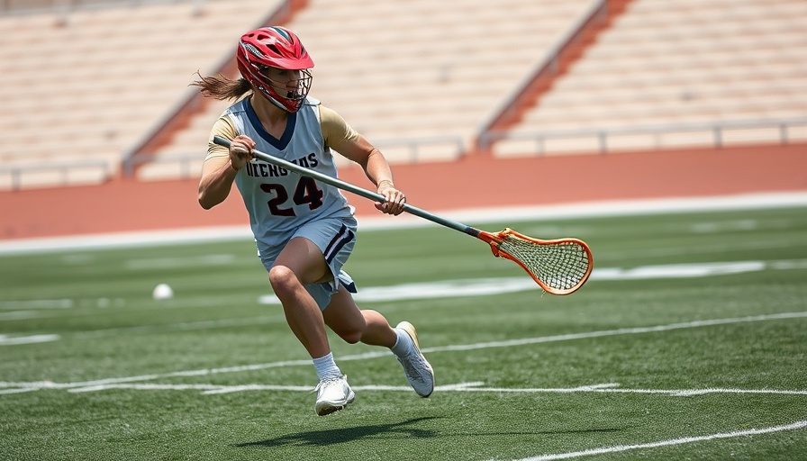 Lacrosse player in action attempting a goal on field.