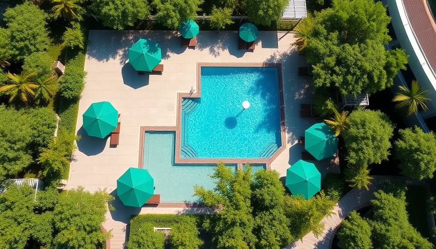 Modern outdoor pool with green umbrellas, Austin lifestyle.