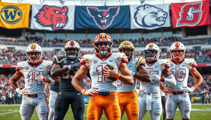 Football players in front of team logos banner, play-for-pay model in college football gaming.