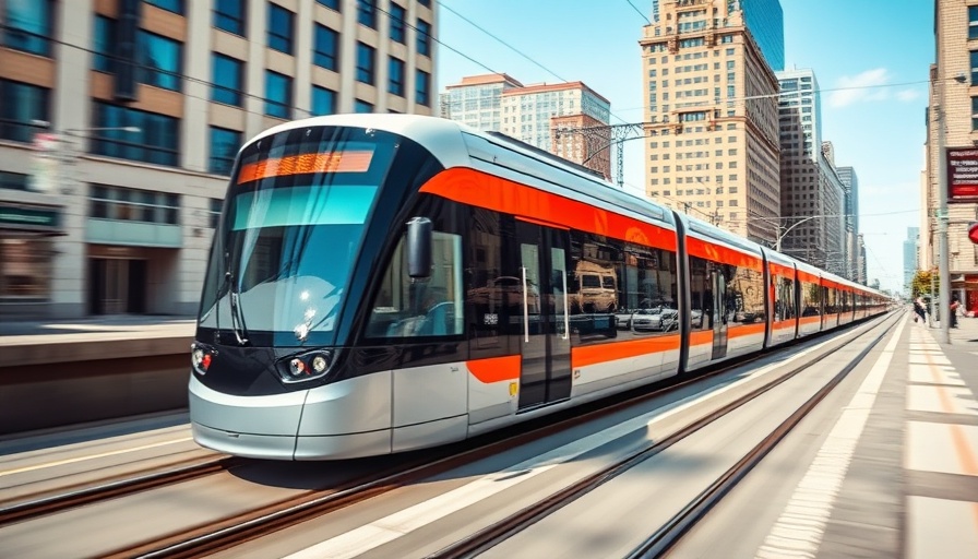 Modern train on Austin light rail project tracks, city backdrop.