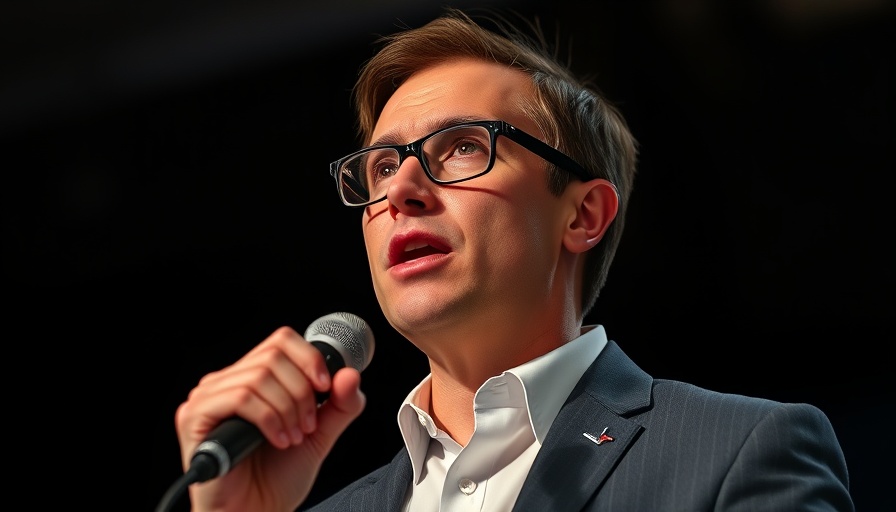 Young politician passionately speaking with microphone in dark setting.