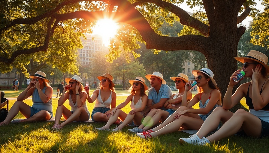 Group staying safe in extreme heat under a tree, sunny park.