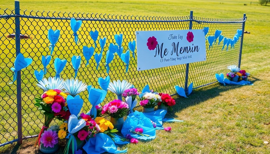 Memorial site in Texas field with tributes and banner.