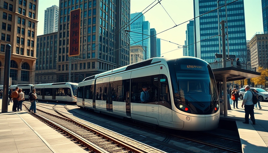 Modern light rail in a busy cityscape for Austin light rail contract.