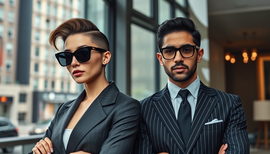 Stylish individuals; one with sunglasses, another in pinstripe suit.