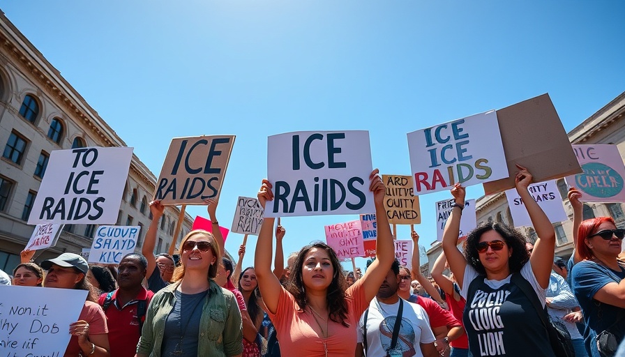 Protests against ICE raids with people holding signs in a city street.