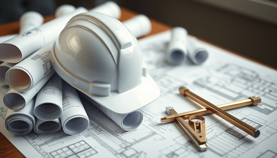 Architectural blueprints with hard hat, planning conceptualization, Pflugerville mixed-use development.