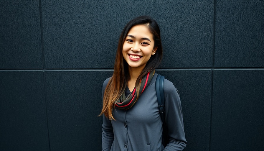 Confident woman smiling against dark wall in Austin startups context.