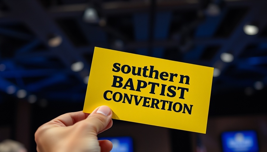 Hand with a yellow ballot marked 'Southern Baptist Convention'.