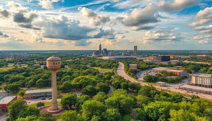 Aerial view of Round Rock, Texas featuring water tower and greenery.