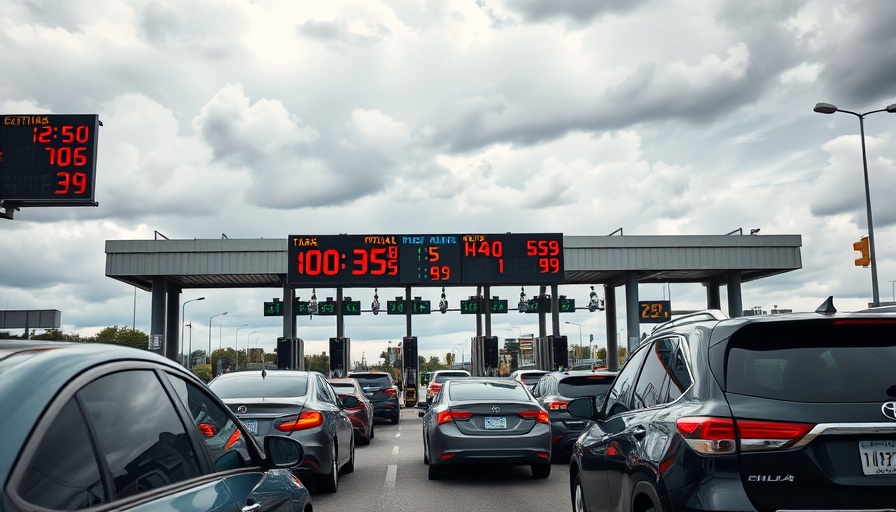 Dallas toll rate increase depicted with busy highway toll booth and cars.