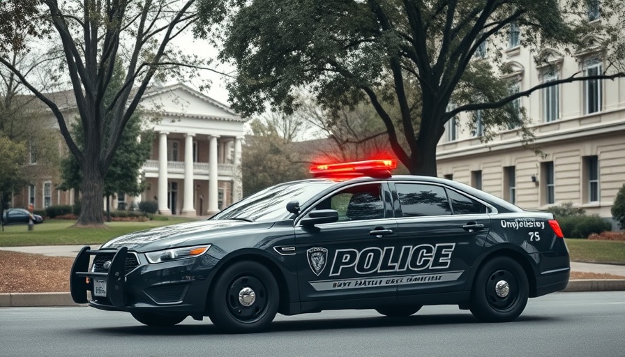 University police car on UT campus with flashing lights.