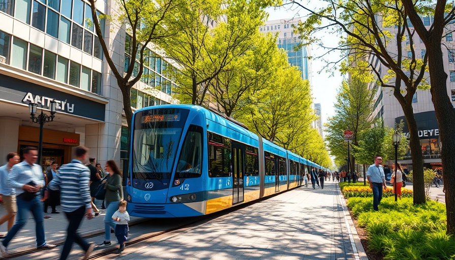 Austin light rail project with pedestrians and blue train.