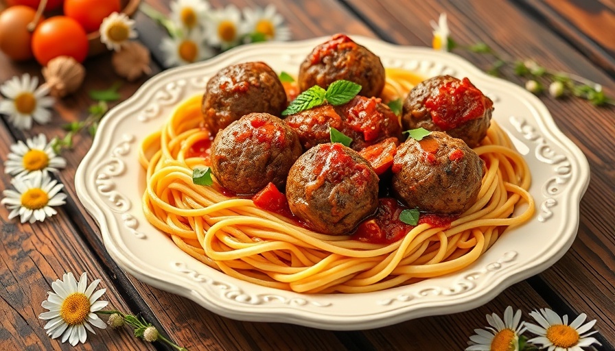 Italian sheet-pan bison meatballs atop spaghetti with rustic decor.