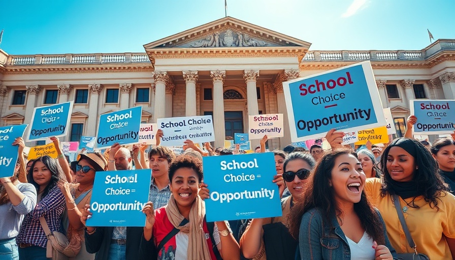 Demonstrators for universal school choice rally with vibrant signs.