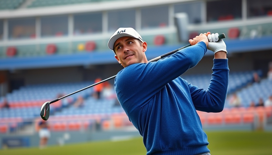 Golfer in blue sweater during US Open practice swing.