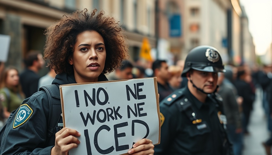 ICE protests: protester with sign and police ICE officer in urban setting.
