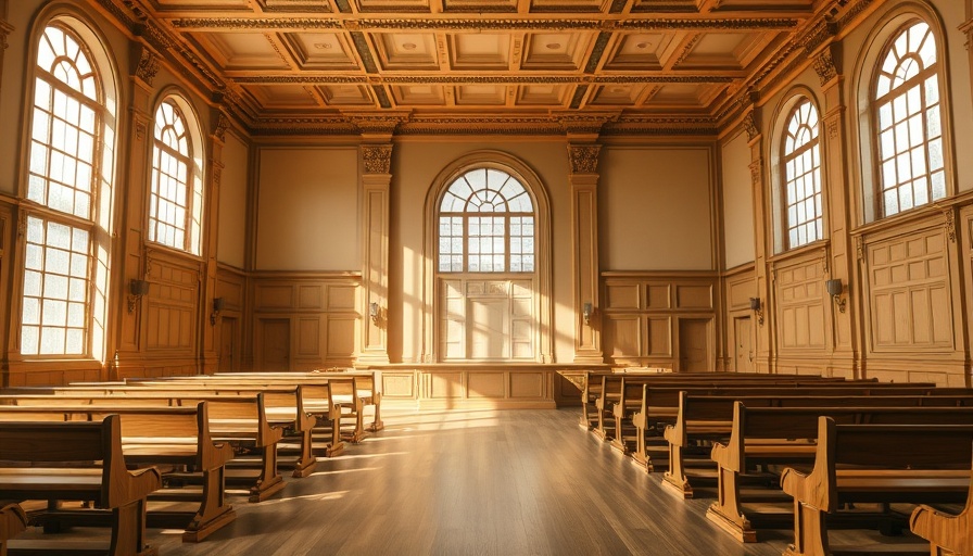 Empty courtroom scene after case dismissal, sunlight through windows.