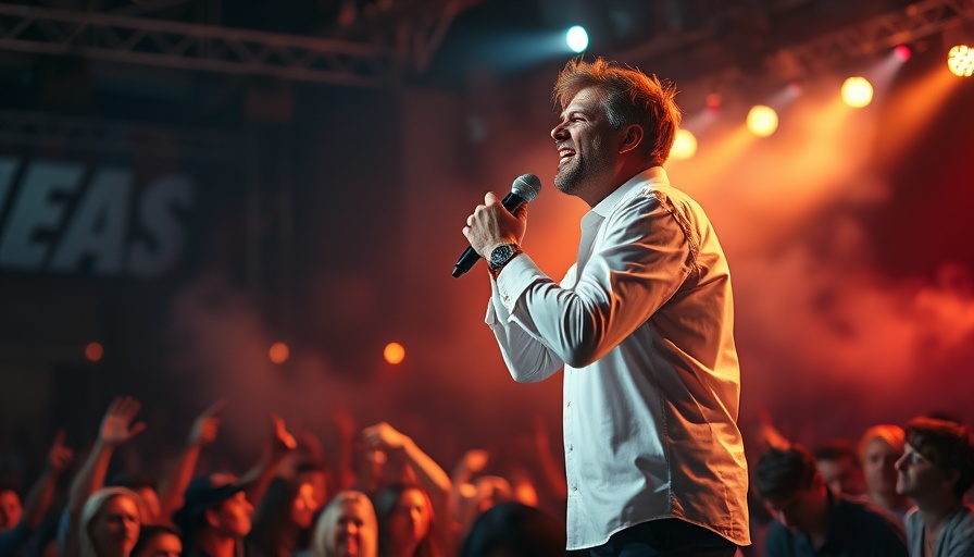 Energetic male singer performing live at concert stage with audience.